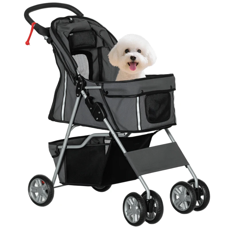 PawHut Carrito para Perros Pequeños con Toldo Ajustable Cesta de Almacenaje Portavasos y Ruedas 75x45x97 cm Gris Oscuro