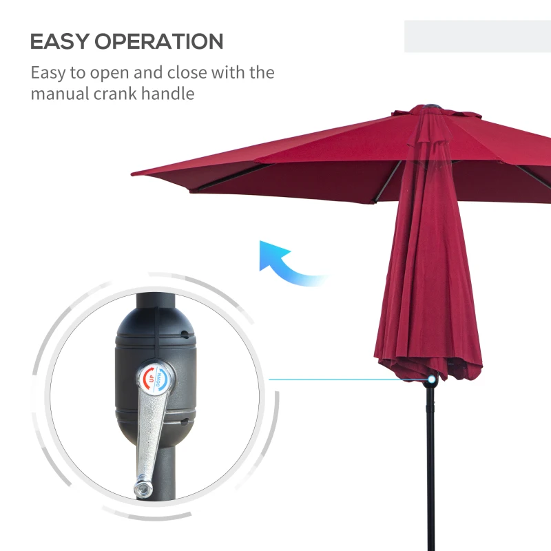 Outsunny 3m Parasol Patio Umbrella, Outdoor Sun Shade with Tilt and Crank Handle for Balcony, Bench, Garden, Wine Red