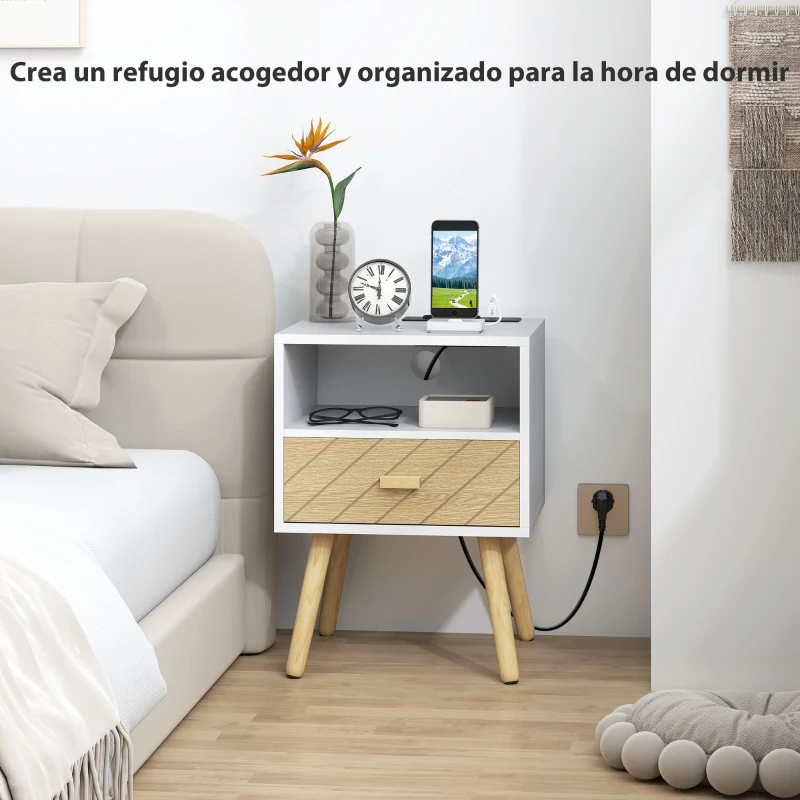 HOMCOM Mesilla de Noche con Estación de Carga Cajón 2 Tomas AC Puerto USB Tipo-C Compartimento Abierto Patas de Madera Blanco
