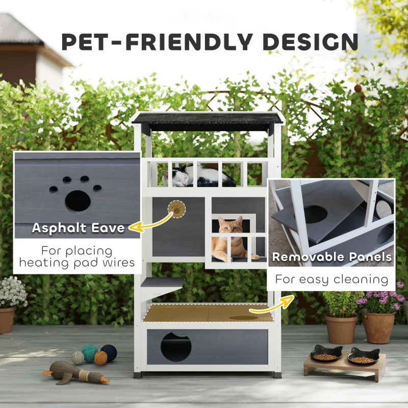PawHut Wooden Cat House Den 3-Tier Outdoor Kitten Shelter Lodge w/ Tilted Roof Terrace Jump Step Bottom Tray Elevated Base Waterproof Paint 140 x 78 x 76cm Grey