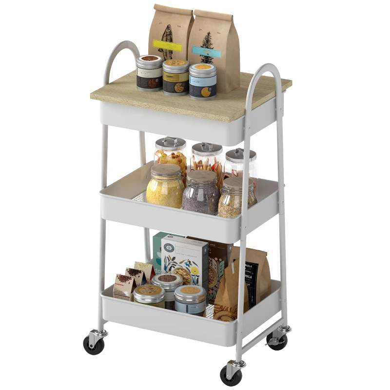 HOMCOM Carrello da cucina, a 3 livelli, con cestini e maniglie, 45 x 32 x 79 cm Rovere