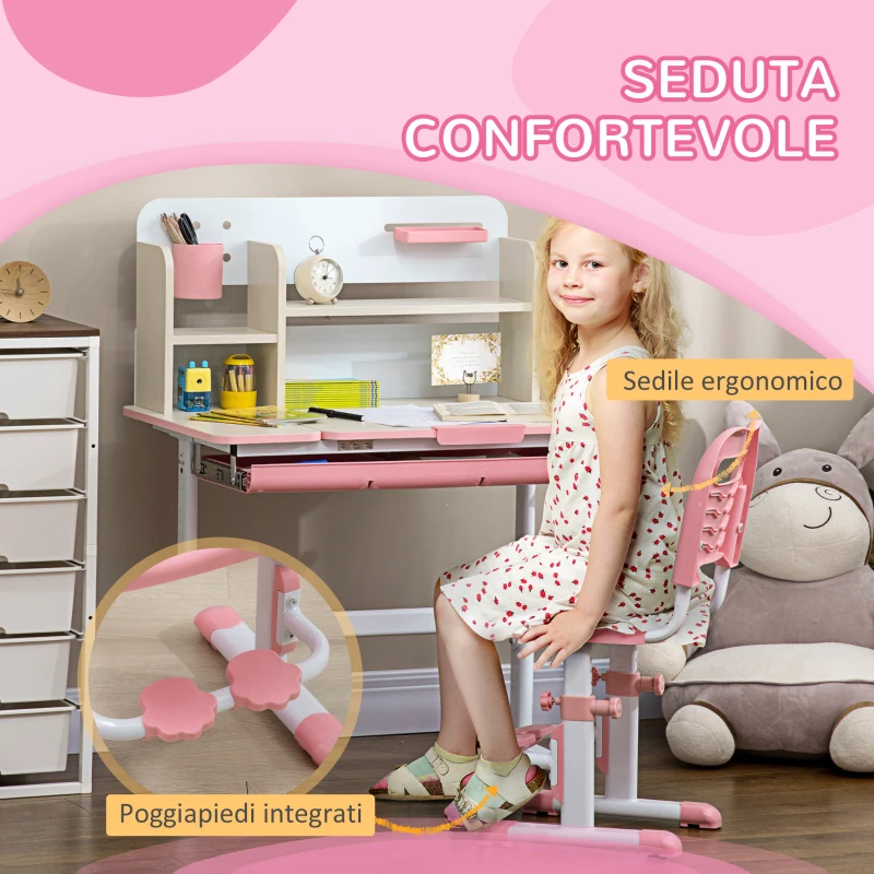 HOMCOM Set Scrivania e Sedia per Bambini da 3 Anni Regolabile, Tavolo Inclinabile a 60° con Cassetto e Ripiani, Rosa