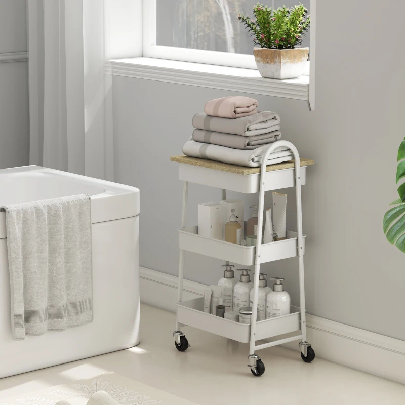 HOMCOM Küchenwagen, Servierwagen mit 3 Etagen, oberer Plattform, Körbe, Griffe, 45 x 32 x 79 cm Eiche