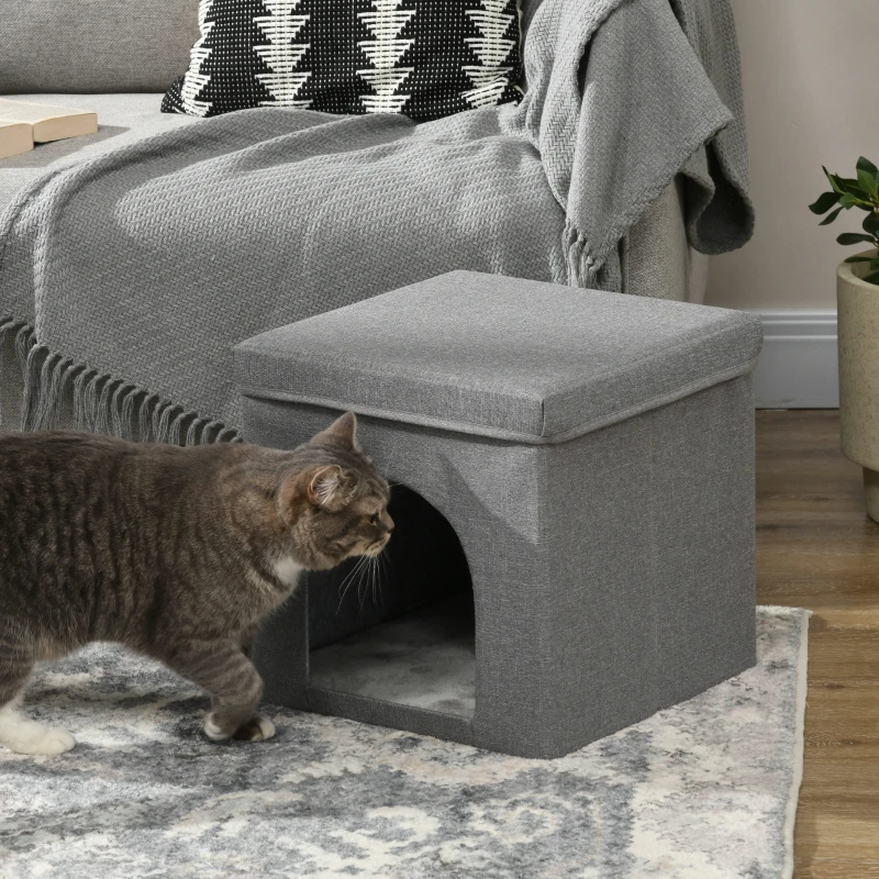PawHut Casetta per Gatti Pieghevole a Cubo con Cuscino e Tappetino Tiragraffi, 36.5x36.5x36.5 cm, Grigio