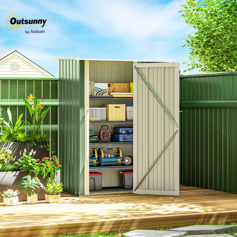 Outsunny 5ft x 3ft Garden Shed with Lean to, Tool Shed w/ Sloped Roof, Lockable Door for Equipment, Bikes, Light Green