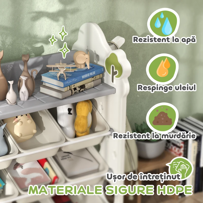 AIYAPLAY Etajeră pentru Copii, Organizator de Depozitare Jucării cu 4 Niveluri și 9 Coșuri, 77x42x94 cm, Crem Alb