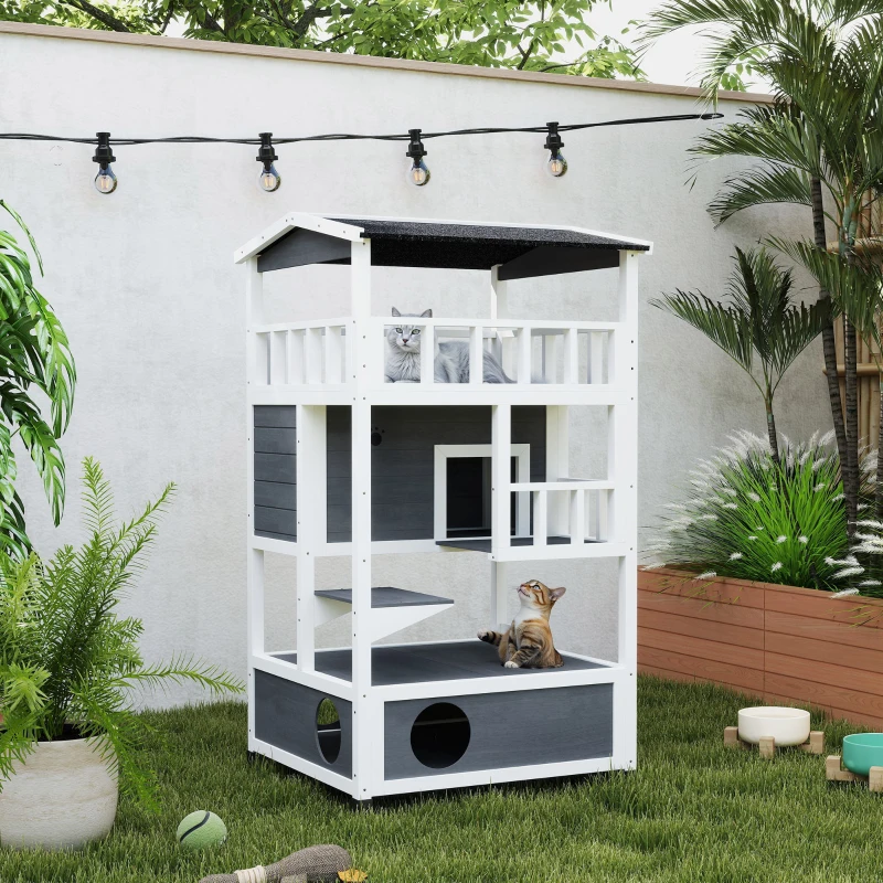 PawHut Wooden Cat House Den 3-Tier Outdoor Kitten Shelter Lodge w/ Tilted Roof Terrace Jump Step Bottom Tray Elevated Base Waterproof Paint 140 x 78 x 76cm Grey