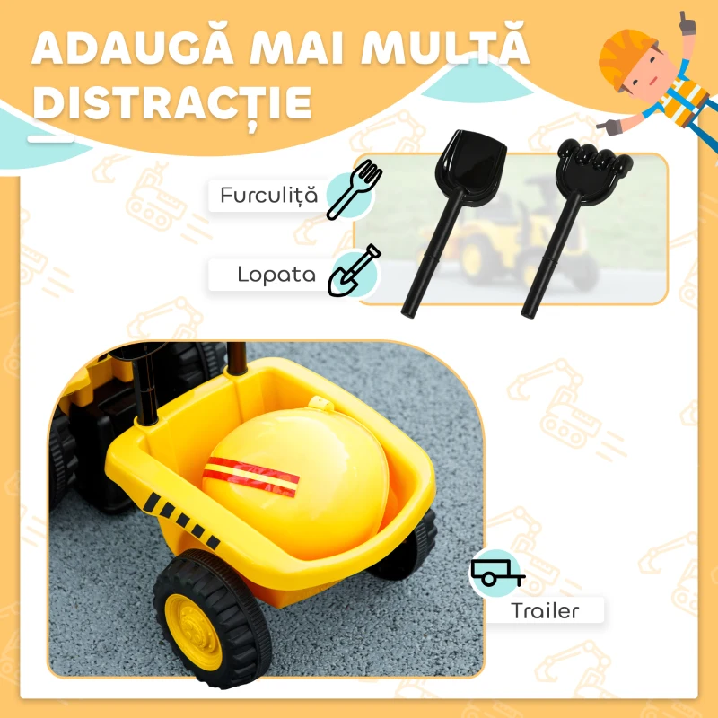 AIYAPLAY Camion, Excavator Jucărie pentru Copii 12-36 Luni cu Cupă și Remorcă Integrate, 91x29x44 cm, Galben(m-5)