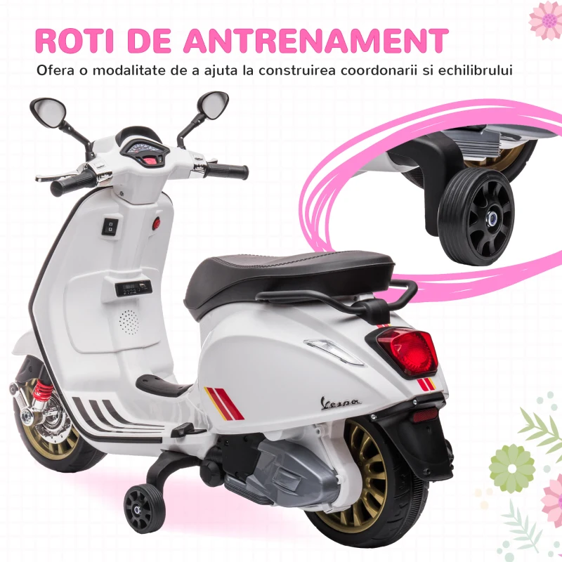 AIYAPLAY Motocicletă Electrică pentru Copii, Motocicletă cu Muzică, Două Motoare, Far, MP3, USB, Radio FM și 2 Roți de Antrenament, 107x47x73 cm, Alb