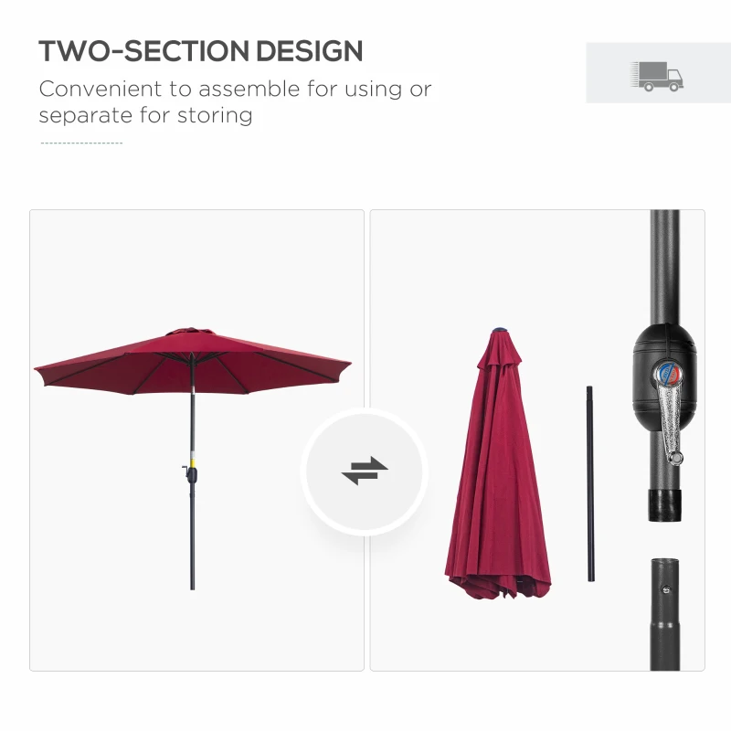 Outsunny 3m Parasol Patio Umbrella, Outdoor Sun Shade with Tilt and Crank Handle for Balcony, Bench, Garden, Wine Red