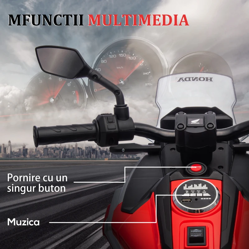 AIYAPLAY Motocicletă Electrică pentru Copii 3-6 ani, Motocilcetă cu Faruri, Muzică și Roți, Motocicletă de Jucărie din PP și Metal, 107x46x75 cm, Roșu(m-5)