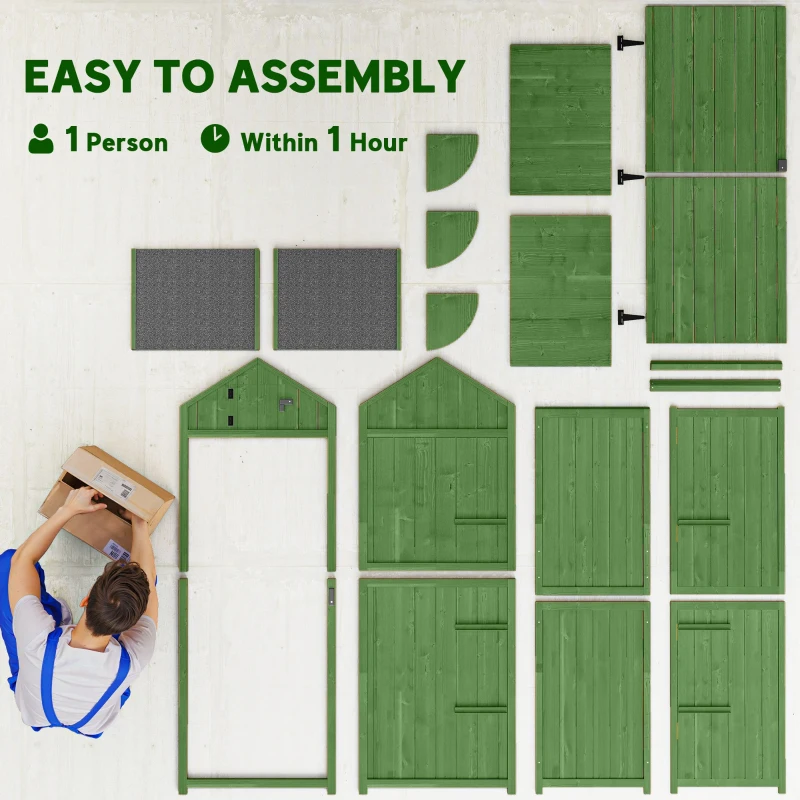 Outsunny Wooden Garden Shed, Utility Outdoor Small Shed with Lockable Double Doors, Shelves and Roof Hatch, Dark Green(m-8)