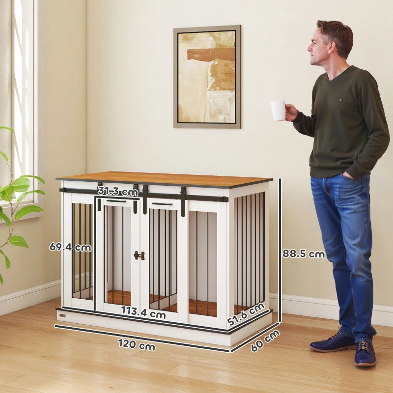 PawHut Hondenkooi met 2 Deuren, Hondenbox, Transportbox voor Honden, Rustiek Ontwerp, Vergrendelbaar, Wit(m-3)