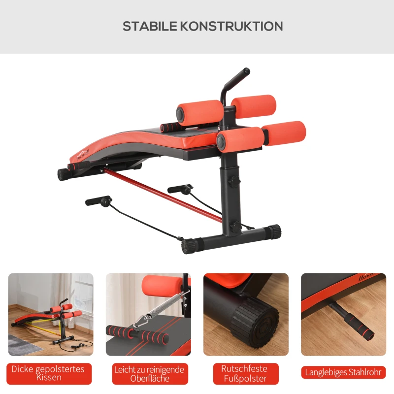 HOMCOM Trainingsbank Sit-Up-Bank Bauchtrainer Multifunktion mit Trainingsbändern Fitness Stahl Schwarz 139 x 58 x 71-81 cm