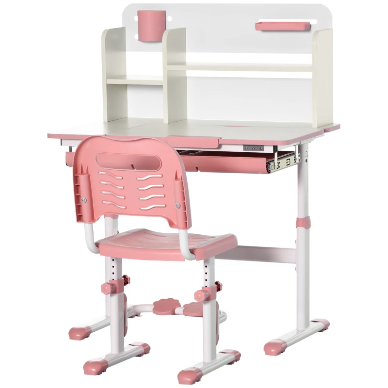 HOMCOM Ensemble Bureau et Chaise pour Enfants à Partir de 3 Ans Ajustable, Table Inclinable à 60° avec Tiroir et Étagères, Rose