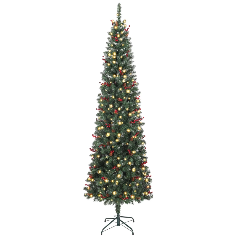 HOMCOM Sapin de Noël Artificiel Étroit 230 cm avec Lumières LED 8 Modes d'Éclairage 761 Branches Pommes de Pin Baies et Support Vert