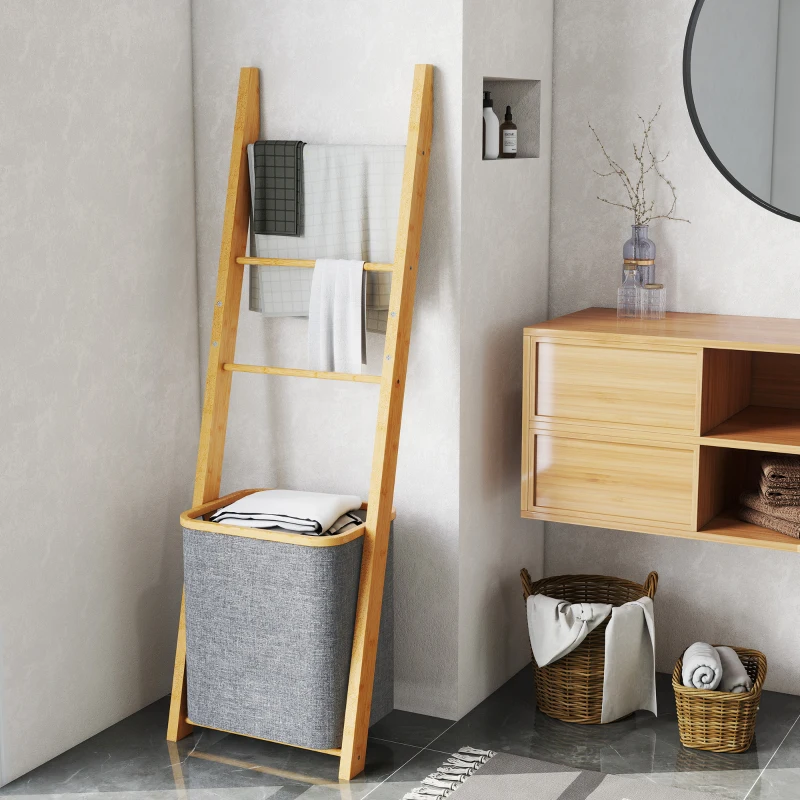 HOMCOM Porte-serviettes bambou avec panier à linge, échelle porte-serviettes avec 1 panier à linge, 43 x 35 x 133 cm, gris