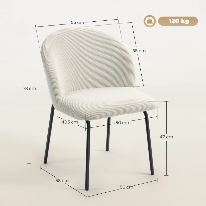 HOMCOM Set mit 2 Esszimmerstühlen aus Rippvelours, Küchenstühle mit Stahlbeinen, 56x58x78cm, Creme