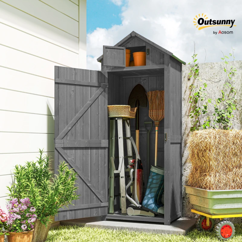 Outsunny Garden Shed Vertical Utility 3 Shelves Shed Wood Outdoor Garden Tool Storage Unit Storage Cabinet, 77 x 54.2 x 179cm - Grey(m-11)