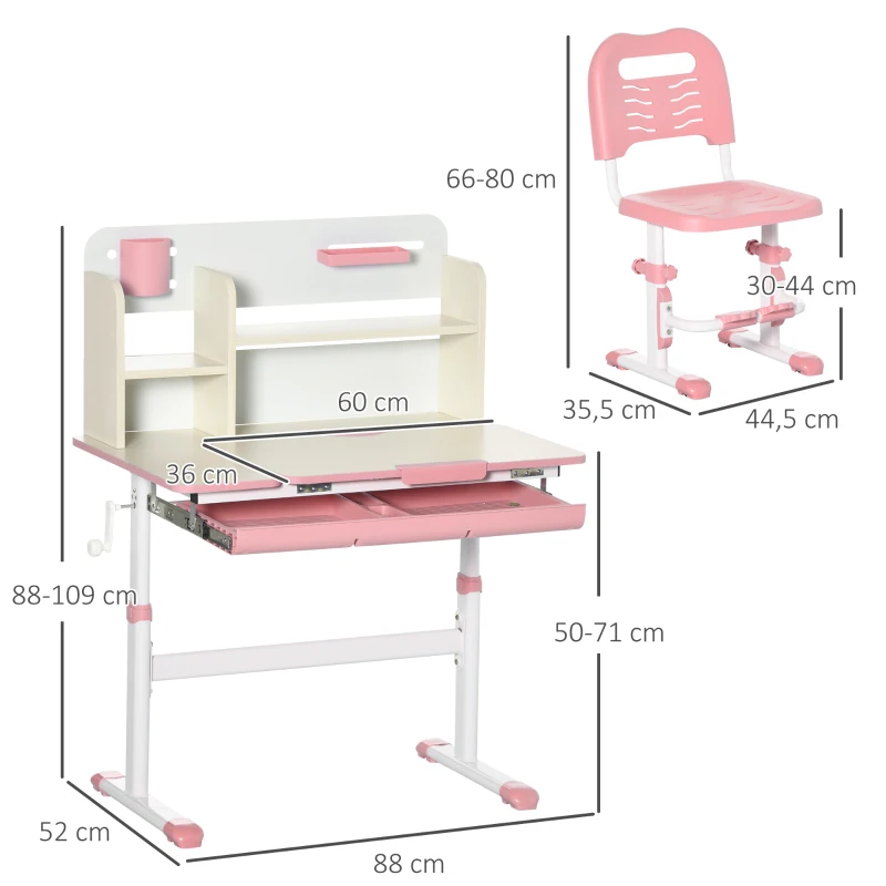 HOMCOM Ensemble Bureau et Chaise pour Enfants à Partir de 3 Ans Ajustable, Table Inclinable à 60° avec Tiroir et Étagères, Rose