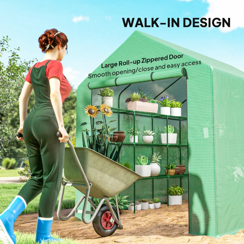 Outsunny Walk-in Greenhouse, 4 Tier 24 Shelves Portable Grow House with Roll-up Door, Dimensions 244 x 180 x 210cm, Green