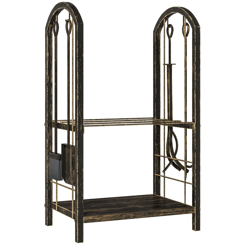 Outsunny 2-laags houtrek voor binnen 43 x 30 x 74 cm met 4-delig haardgereedschap en haken