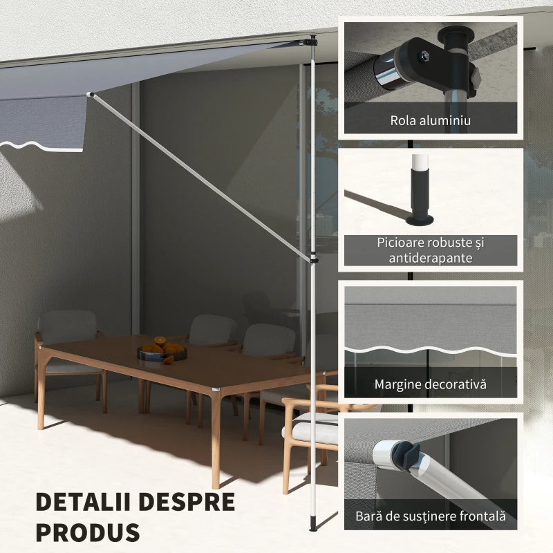 Outsunny Copertină Retractabilă cu Braț Pliabil, 400x120 cm, Gri Închis