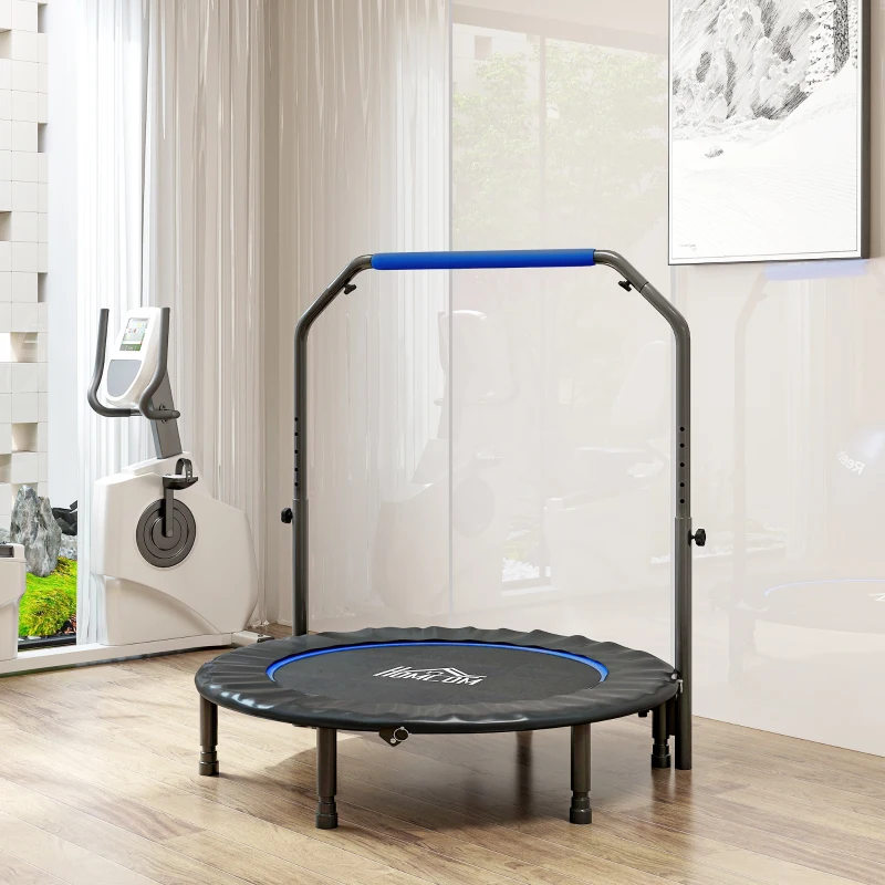 HOMCOM Trampolino Fitness Pieghevole Ø114 cm con Manico Regolabile, in Acciaio, Blu e Nero