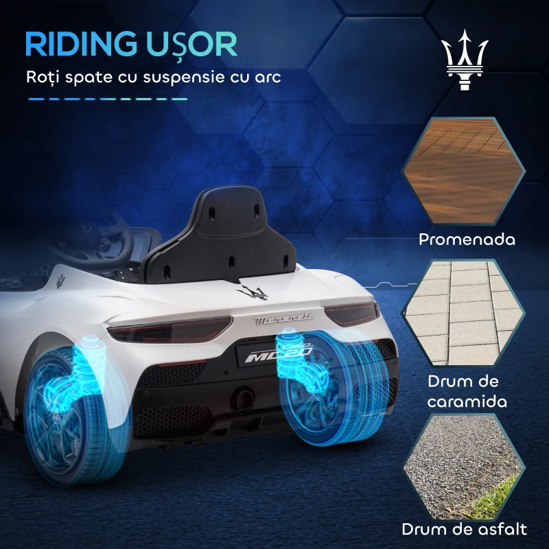 AIYAPLAY Mașină Electrică pentru Copii 3-6 Ani cu Telecomandă, Muzică, Claxon și Faruri LED, 105x65.5x42 cm, Alb