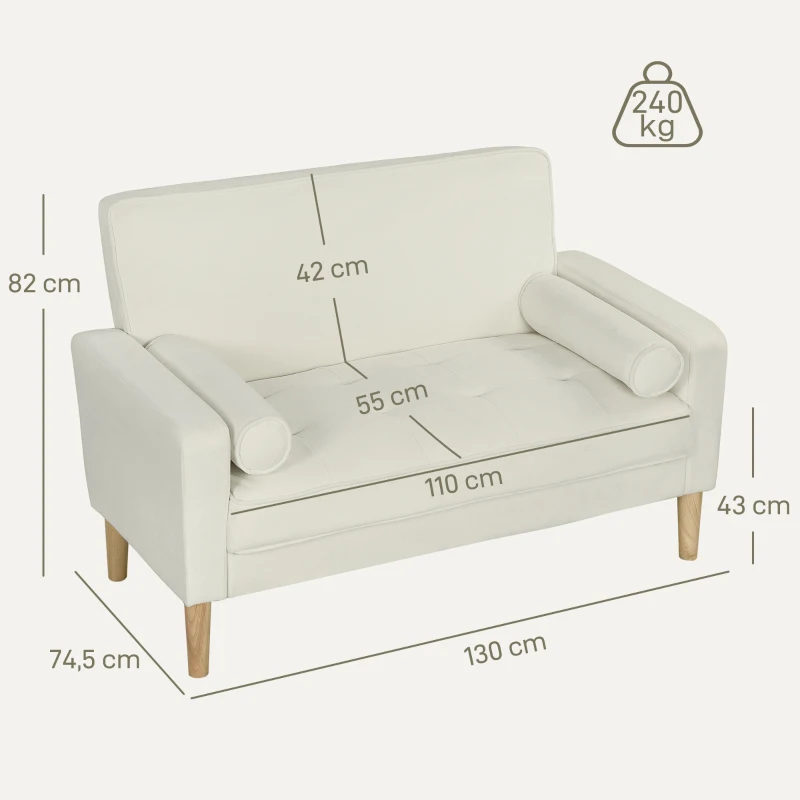 HOMCOM Sofá de 2 Plazas Tapizado en Terciopelo 130 cm con Asiento Capitoné y Patas de Madera para Espacios Pequeños Crema