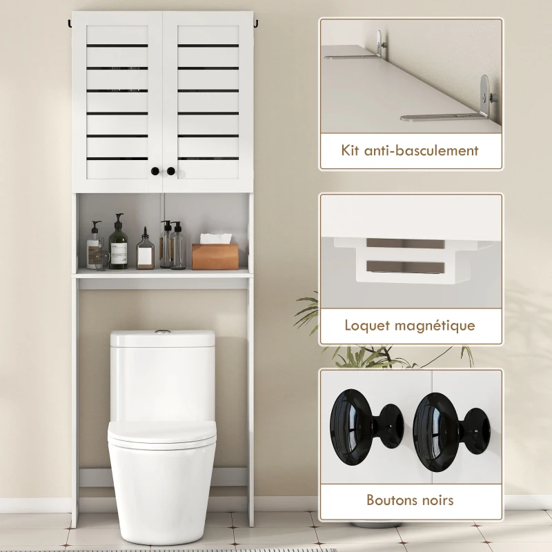 HOMCOM Meuble WC dessus de toilette/machine à laver avec placard à porte double, portes à persiennes, 67x31,5x190cm, blanc