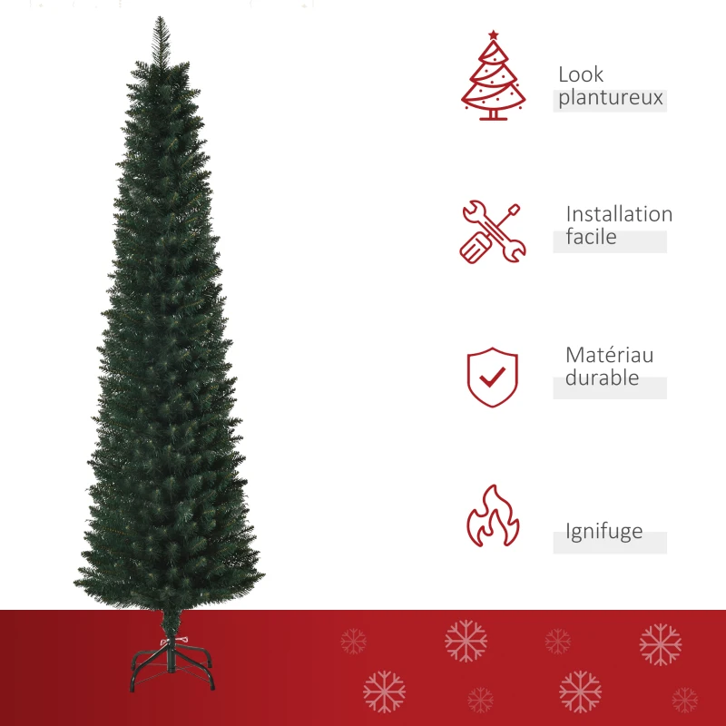 HOMCOM Sapin de Noël artificiel 180 cm, arbre de Noël slim avec 380 pointes de branche, support en métal pliable, vert