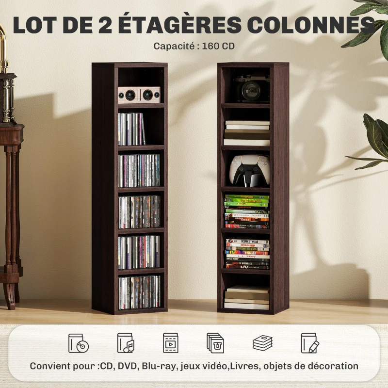 HOMCOM Lot de 2 étagères colonnes armoire de rangement CD-DVD 12 compartiments 21 x 19,2 x 88,3 cm capacité 160 CD marron