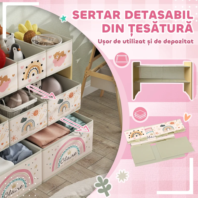 AIYAPLAY Etajeră Depozitare Jucării cu 3 Niveluri și 9 Cutii de Țesătură, Mobilier Depozitare Jucării, 93x30x70 cm, Galben