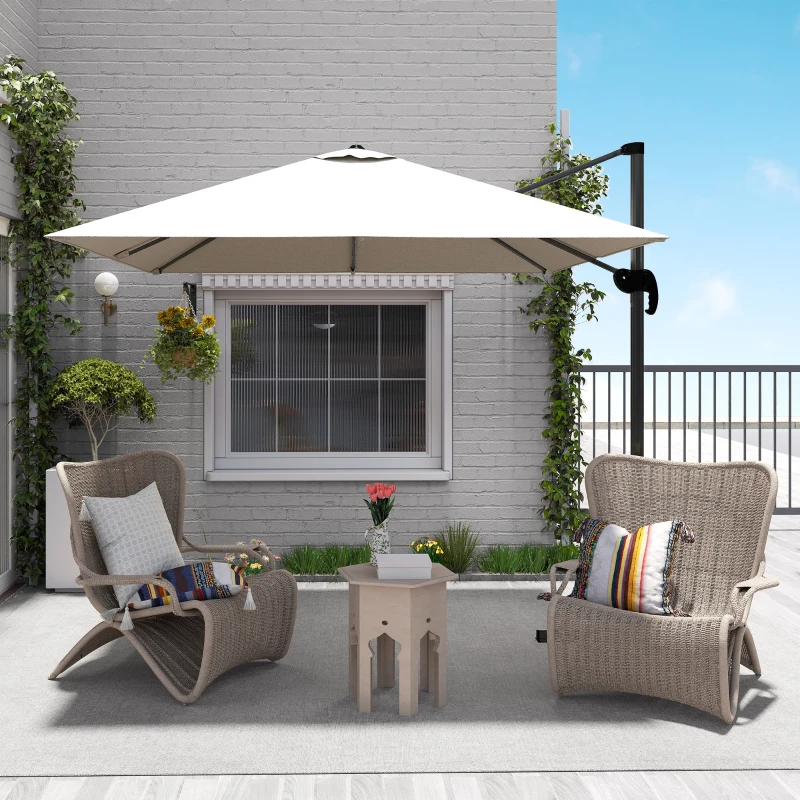 Outsunny 2.5 x 2.5m Patio Offset Parasol Umbrella Cantilever Hanging Aluminium Sun Shade Canopy Shelter 360° Rotation with Crank Handle and Cross Base, Cream White