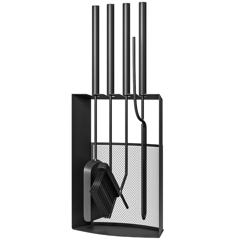 Outsunny Ensemble serviteur de cheminée 5 pièces métal avec balai, pelle, tisonnier, paire de pinces et support 28x13x59,5cm noir