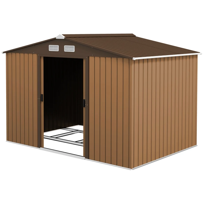 Outsunny 9 x 6FT Outdoor Garden Roofed Metal Storage Shed Tool Box with Foundation Ventilation & Doors, Yellow(m-11)