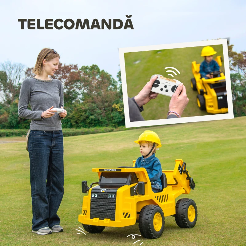 AIYAPLAY Excavator de Călărit cu Licență, cu Telecomandă, Tractor pentru Copii cu Cupă, Lopată, Muzică, Difuzor, Faruri, 110x70.5x61.5 cm, Galben(m-6)