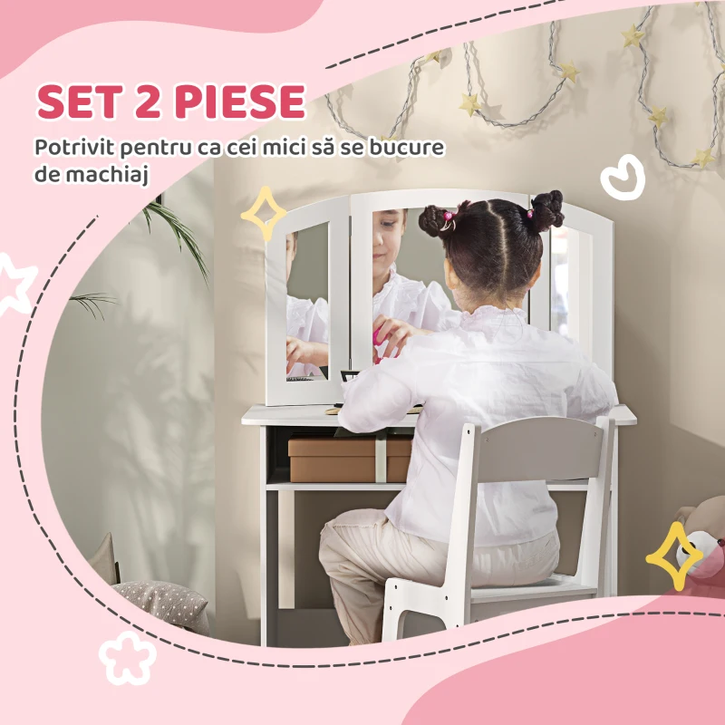 AIYAPLAY Set de Machiaj pentru Fetițe de 3-6 ani cu Oglindă Triplă Detașabilă și Scaun din Lemn, 80x49x108 cm, Alb