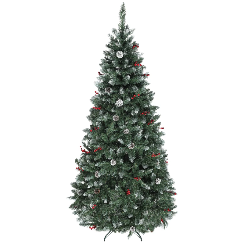 HOMCOM Arbre de Noël Haut 210 cm d'Intérieur avec 928 Branches, Pommes de Pin et Baies Rouges, Base en Métal, Vert