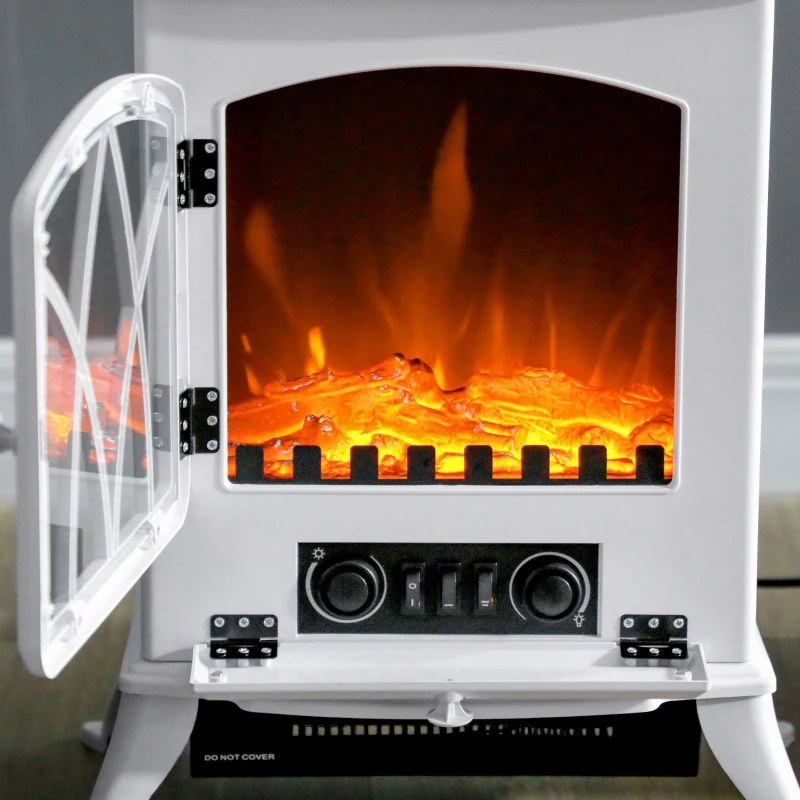 HOMCOM Cheminée électrique sur pied 1000/2000 W, fausse cheminée décorative avec effet flamme LED, blanc