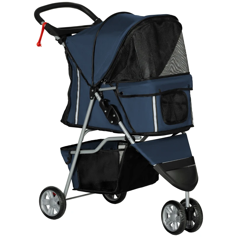 PawHut Carrito para Perros Pequeños con Cesta de Almacenaje Ventanas de Malla y 2 Ruedas Universales 75x45x97 cm Azul Oscuro