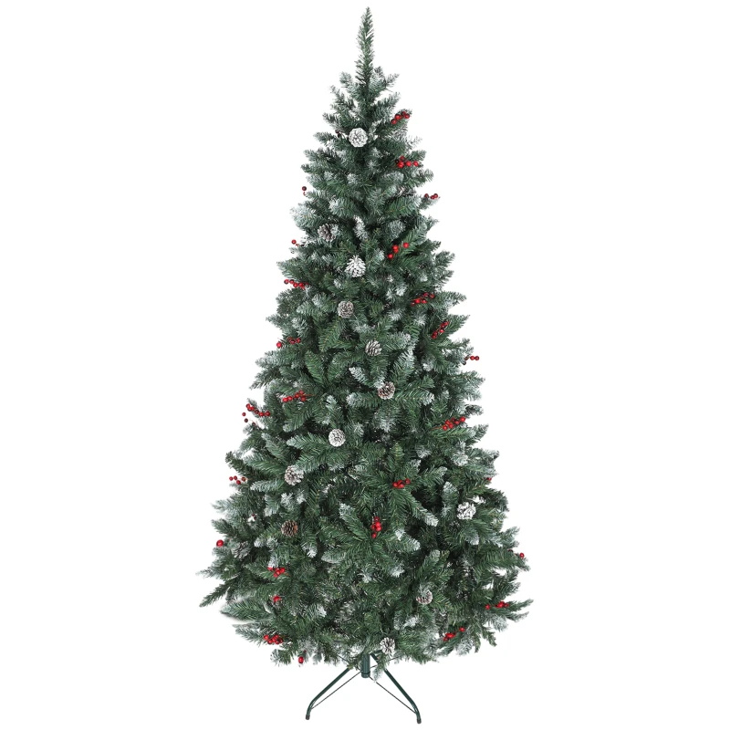HOMCOM Weihnachtsbaum 210 cm hoch für den Innenbereich mit 928 Zweigen, Kiefernzapfen und Roten Beeren, Metallständer, Grün