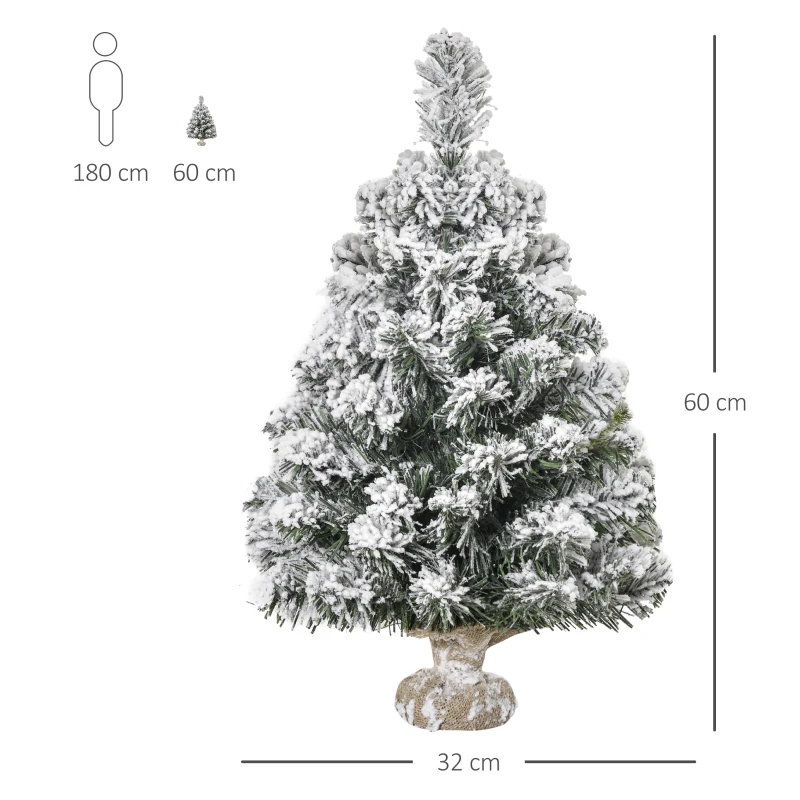 HOMCOM Mini Arbre de Noël Artificiel 60 cm Sapin Artificiel avec Neige, 67 Pointes Base en Ciment pour l'intérieur Bureau