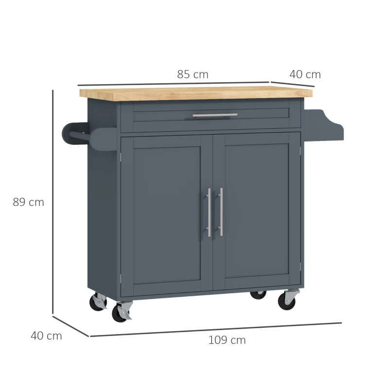 HOMCOM Cărucior Multifuncțional de Bucătărie cu Sertar, Roți, Suport pentru Condimente și Dulăpior, 109x40x89 cm, Gri