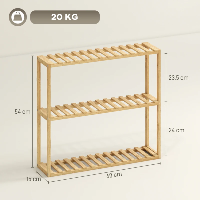 HOMCOM Etajeră din bambus ajustabilă, etajeră de baie cu 3 niveluri, 60 x 15 x 54 cm, efect de lemn natural