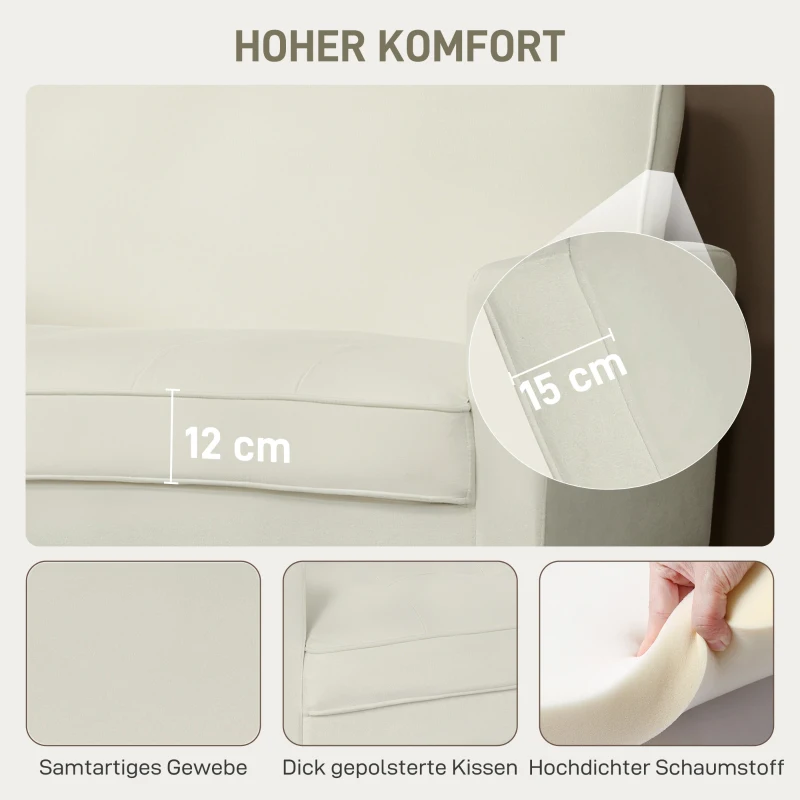 HOMCOM 2-Sitzer-Sofa, Doppelsitzsofa mit Kautschukholzbeinen, Polstersofa für Wohnzimmer, Schlafzimmer, Cremeweiß(m-4)