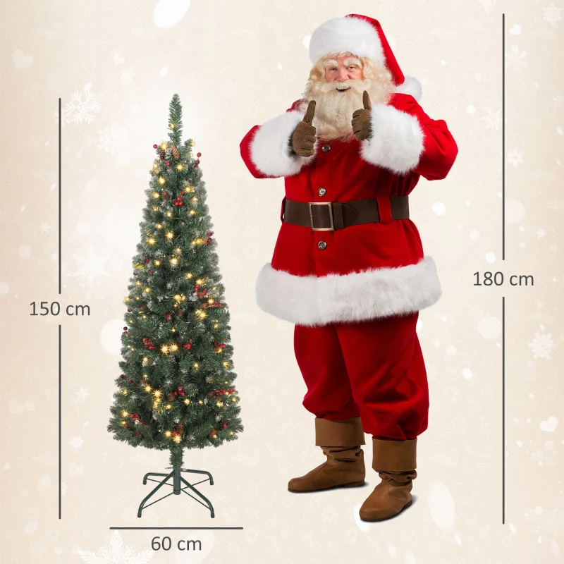 HOMCOM Beleuchteter Weihnachtsbaum mit 150 LED-Lichtern, 30 Tannenzapfen und 30 Beerenbüscheln, Ø60x150 cm, Grün und Silber