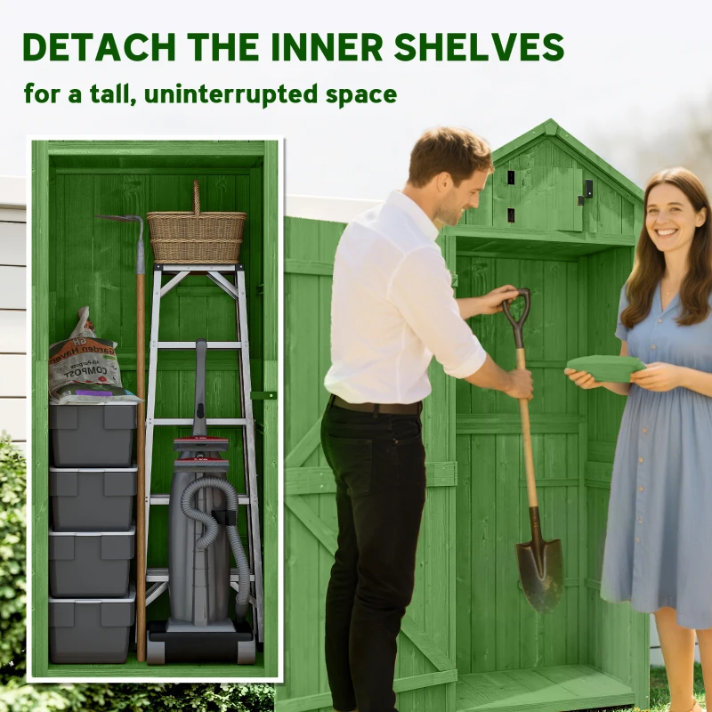 Outsunny Wooden Garden Shed, Utility Outdoor Small Shed with Lockable Double Doors, Shelves and Roof Hatch, Dark Green(m-5)