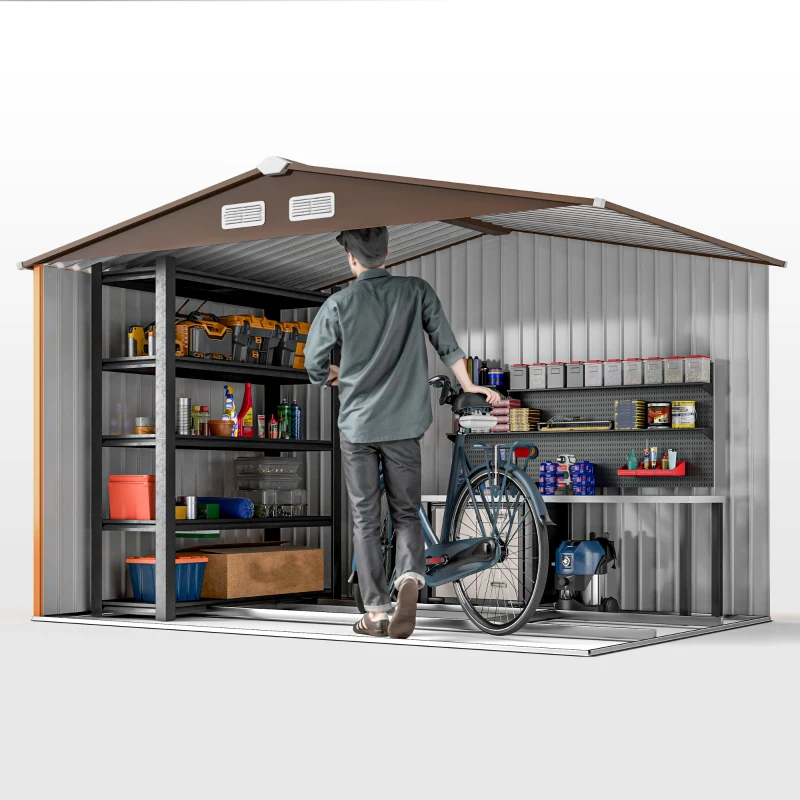 Outsunny 9 x 6FT Outdoor Garden Roofed Metal Storage Shed Tool Box with Foundation Ventilation & Doors, Yellow(m-9)